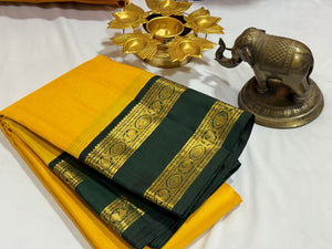 Sunshine Yellow with Sapphire Green Vairaoosi with Rettapet Borders Handwoven Pure Jari Korvai Kanjivaram Silk Saree Beauty
