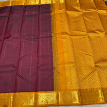 Gorgeous Dark Maroon with Golden Mustard Handwoven Pure Jari Korvai Kanjivaram Silk Saree with beautifully woven rich borders pallu and contrast woven blouse