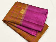 Sahana- Beautiful Honey Mustard with Magenta Handwoven Pure Kanjivaram Silk with Checked 1000 buttas style woven body with rich lakshadeepam style woven pallu and contrast woven blouse