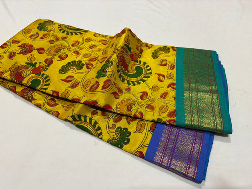 Lemon Yellow with Ganga Jamuna Borders Handwoven Pure Korvai Kanjivaram Silkcotton Handblock Printed Beauty