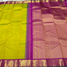 Sarasangi- Mesmerizing Sampanga Green with Vadamalli Purple Handwoven Pure Jari Korvai Kanjivaram Silk with beautiful Yazhis elephants and annapakshis woven rich borders gorgeous pallu and contrast woven blouse