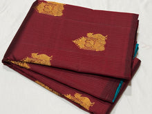 Rare Combination- Dark Maroon with Peacock Blue Green Borderless Muthukattam with Peacock Chariot Buttas Handwoven Pure Jari Kanjivaram Silk Saree Beauty