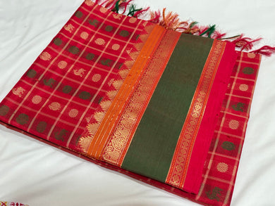 Gorgeous Red & Green 1000 Buttas deers Mayil chakrams Handwoven Premium Kanjivaram Silkcotton Saree Beauty