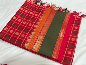 Gorgeous Red & Green 1000 Buttas deers Mayil chakrams Handwoven Premium Kanjivaram Silkcotton Saree Beauty