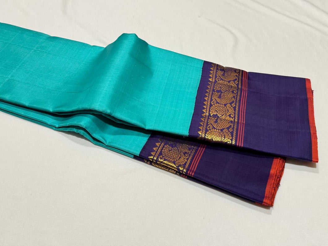 Turquoise Blue with Navy Blue Handwoven Pure Jari Korvai Kanjivaram Silk Saree Beauty