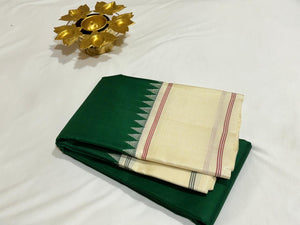 Bottle Green with Offwhite Handwoven Pure Zariless Korvai Kanjivaram Silk Saree with Temple Borders Beauty