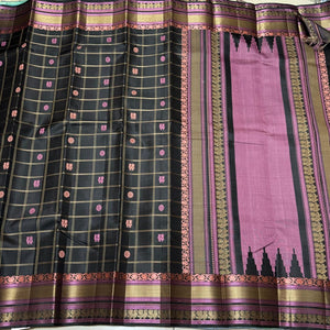Black with Pink 1000 Buttas Checked Handwoven Pure Zariless Soft Kanjivaram Silk Saree Beauty