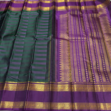 Vaibhogam-Stunning Bottle Green with Purple Handwoven Pure Jari Korvai Kanjivaram Silk with pattu veldhari strips woven beautiful body with rich rettapet borders gorgeous pallu and contrast woven blouse