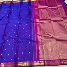 Sahana- Violetish Blur with Magenta Pink Buttas Handwoven Pure Jari Kanjivaram Silk with elephants and peacocks motifs woven body with beautiful borders with green selvedges rich pallu and contrast woven blouse