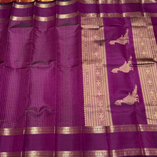 Deep Wine with Gold Handwoven Pure Jari Kanjivaram Silk Saree with Jari Checked body and Kalakshetra Kili Pallu Beauty