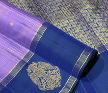 Sahana- Gorgeous December Poo Lavendar with Deep Peacock Blue Handwoven Pure Jari checked kanjivaram silk with buttas in the body with beautiful Gandaberundas woven either side borders rich pallu and contrast Jari striped blouse