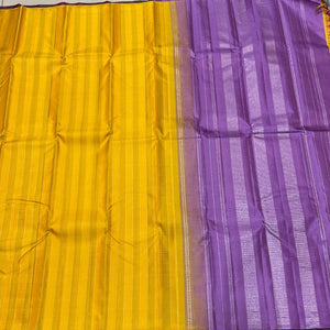 Mustard with Lavendar Jari Striped Handwoven Borderless Pure Kanjivaram Silk Saree Beauty