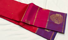 Vaibhogam- Stunning Orange, Pink with Purple Handwoven Pure 2g Jari Kanjivaram Silk with buttas woven body with middle portion in orange lower portion in pink and borders pallu and blouse in beautiful purple with border motifs woven beautifully!