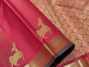 Red with Gold Vairaoosi With Deer Buttas woven Border Handwoven Pure Kanchipuram Silk Saree Beauty