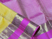 Soft Yellow with Candy Rose Pink Buttas with Long & Short Borders Handwoven Pure Jari Kanjivaram Silk Saree beauty