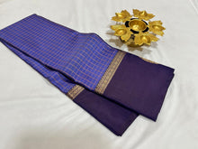 Lavenderish Blue with Navy Blue with Muthukattam Checks and Iruthalaipakshi border buttas Handwoven Pure Kanjivaram Silk Saree Beauty