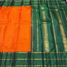 Sarasangi- Orange with Bottle Green Handwoven Pure Jari Korvai Kanjivaram Silk with podikattam woven body beautiful borders rich seer pallu and contrast woven blouse
