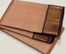 Sarasangi- Gorgeous Sandal Beige with Deep Purple Handwoven Pure Jari Korvai Kanjivaram Silk with beautiful gandaberundas woven borders rich pallu and contrast woven blouse