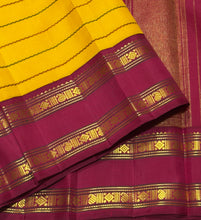 Vaibhogam- Gorgeous Yellow with Green and Arakku Red Ganga Jamuna Bordered Handwoven Pure Jari Korvai Kanjivaram Silk with neliveldhari woven beautiful body with rich rettapet borders gorgeous seer pallu and contrast woven blouse