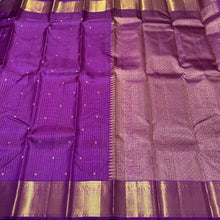 Vadamalli Purple with Gold Jari Oosi checks with buttas Handwoven Pure Jari Kanjivaram Silk Saree Beauty