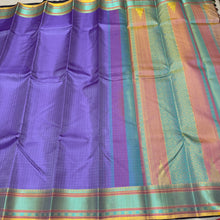 Saraswati- Beautiful Lavendar with Green and Yellow Handwoven Premium Zariless Kanjivaram Silk with Muthukattam Self Checked body with beautiful borders rich pallu and contrast jacquard woven beautiful blouse