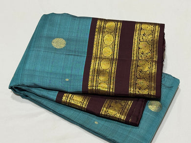 Gorgeous Teal Blue with Coffee Brown Buttas with Rettapet Borders Handwoven Pure Jari Kanjivaram Silk Saree beauty
