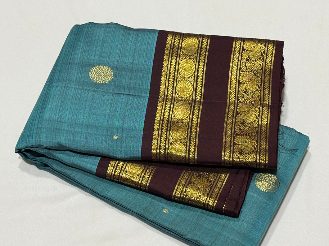 Gorgeous Teal Blue with Coffee Brown Buttas with Rettapet Borders Handwoven Pure Jari Kanjivaram Silk Saree beauty