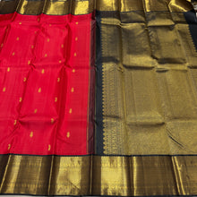 Vaibhogam- Gorgeous Red with Black Pure 2g Jari Korvai with Buttas Handwoven Kanjivaram Silk with beautiful rich borders gorgeous pallu and contrast woven blouse