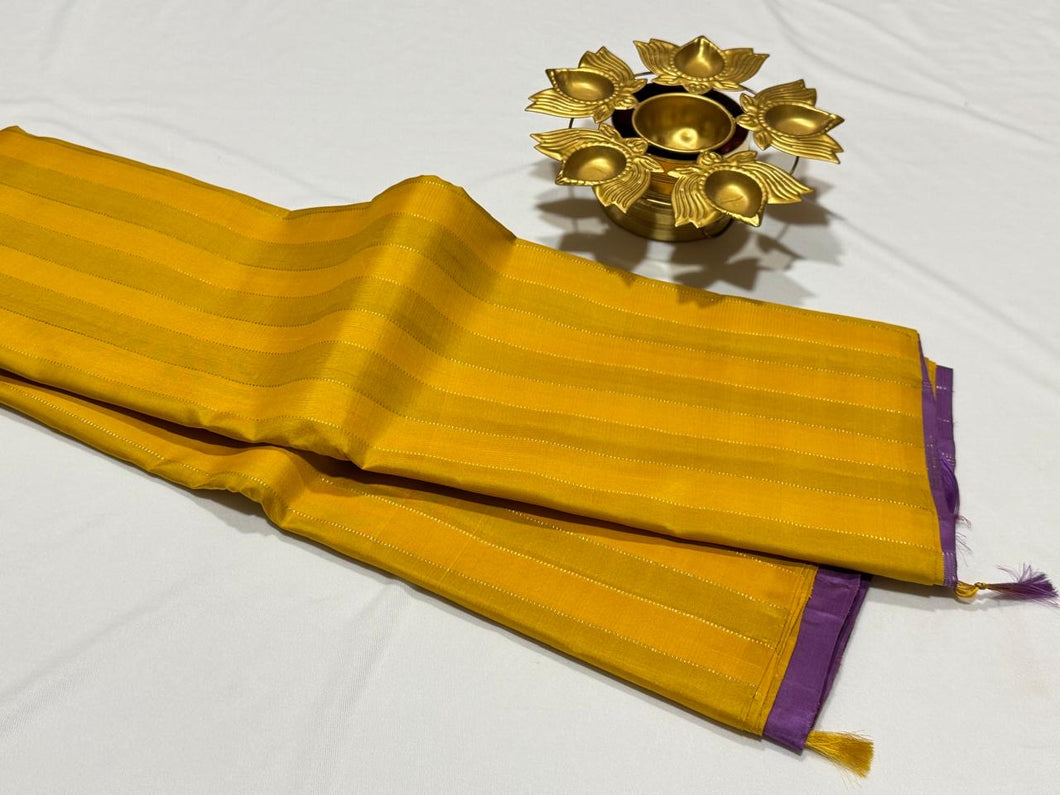 Mustard with Lavendar Jari Striped Handwoven Borderless Pure Kanjivaram Silk Saree Beauty