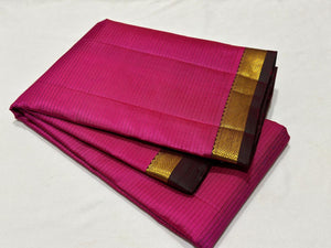 Bright Pink with Dual tone Manthulir Brown Small Border Handwoven Pure Light Weight Kanjivaram Silk Saree Beauty with Striped body