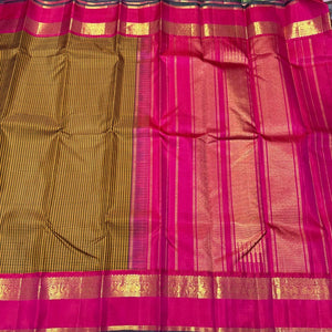 Mustard Yellow with Tomato Pink Checks Handwoven Pure Jari Korvai Kanjivaram Silk Saree Beauty