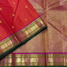 Sahana- Gorgeous Dual tone Orange with Pink Buttas with small borders Handwoven Pure Kanjivaram Silk with gorgeous pallu and contrast woven blouse
