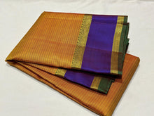 Mustard with Purple Striped Handwoven Pure Light Weight Kanjivaram Silk Saree Beauty