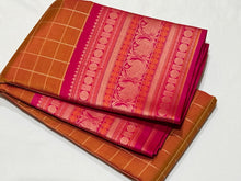 Premium Zariless Vintage Weave- Golden Mustard with Tomato Pink Muthukattam with Rich borders Sorgavaasal Inspired Pallu In a ZeroZari Handwoven Pure Kanjivaram Silk Saree Beauty