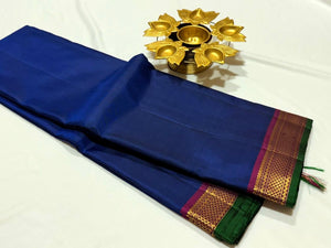 MS Blue with Deep Wine Handwoven Pure Kanjivaram Silk Saree Beauty