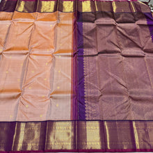 Peachish Beige with Jamoon Purple Buttas Korvai Handwoven Pure Jari Kanjivaram Silk Saree with rich borders pallu and contrast woven blouse beauty