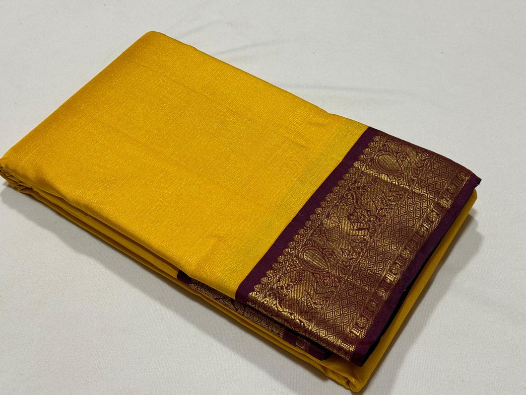 Yellow with Beetlenut Brown Pure Jari Handwoven Korvai Vairaoosi Handwoven Pure Kanjivaram Silk Saree Beauty