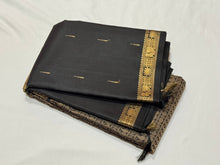 Black and Grey Handwoven Pure Jari Mubbakam Kanjivaram Silk Saree with Paisleys and Rudrakshas woven middle body and mallimoggu buttas borders sorgavasal inspired pallu and contrast blouse