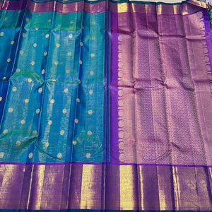Peacock Blue Green with Purple Vairaoosi with Buttas Handwoven Pure Jari Kanjivaram Silk Saree Beauty with Long & Short Borders
