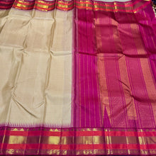 Offwhite with Muted checks tomato pink Handwoven Pure Jari Korvai Kanjivaram Silk Saree Beauty