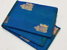 Peacock Blue with Red Borderless Muthukattam with Buttas woven body in a gorgeous Handwoven Pure Jari Kanjivaram Silk Saree with rich pallu and contrast woven blouse beauty