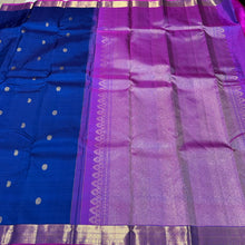 Beautiful Prussian Blue with Purple Buttas Handwoven Pure Kanjivaram Silk Saree with rich borders pallu and contrast woven blouse beauty