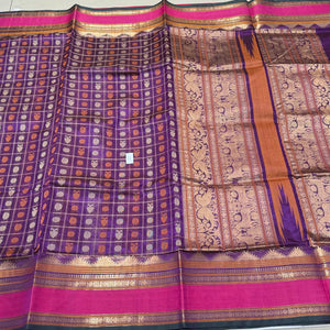 Dark Magenta Purple with Pink Gandaberunda and Mayil Chakram 1000 Buttas Handwoven Premium Kanjivaram Silkcotton Saree Beauty