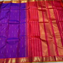 Purple with Orange Mallimoggu Buttas and Small borders Handwoven Pure Jari Kanjivaram Silk Saree Beauty