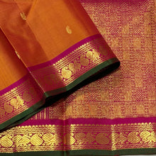 Sahana- Beautiful double tone Mustard with Magenta Shot Arakku Buttas Handwoven Pure Jari Kanjivaram Silk with green selvedges rich pallu and contrast woven blouse