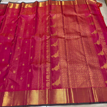 Vaibhogam- Beautiful Dual tone Orange Pink with Green Vairaoosi with Buttas Handwoven Pure Jari Kanjivaram Silk with rich bawanchi borders with green selvedges gorgeous Kalakshetra Kili Pallu and contrast green Jari striped blouse