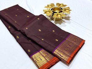 Coffee Brown with Purple Buttas Handwoven Pure Kanjivaram Silk Saree Beauty