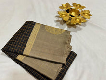 Black with Greyish Beige Handwoven Pure Kanjivaram Silk Saree with Muthukattam checked body with Gandaberunda Buttas woven borders rich pallu and contrast woven blouse