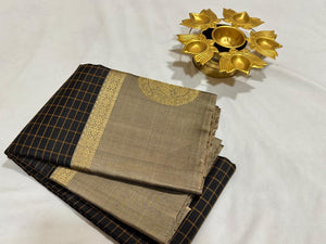 Black with Greyish Beige Handwoven Pure Kanjivaram Silk Saree with Muthukattam checked body with Gandaberunda Buttas woven borders rich pallu and contrast woven blouse