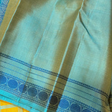 Gorgeous Golden Mustard with Turquoise Blue and Peacock Blue Handwoven Pure Zariless 1000 buttas style woven beautiful Kanjivaram Silk with rich borders pallu and contrast woven blouse
